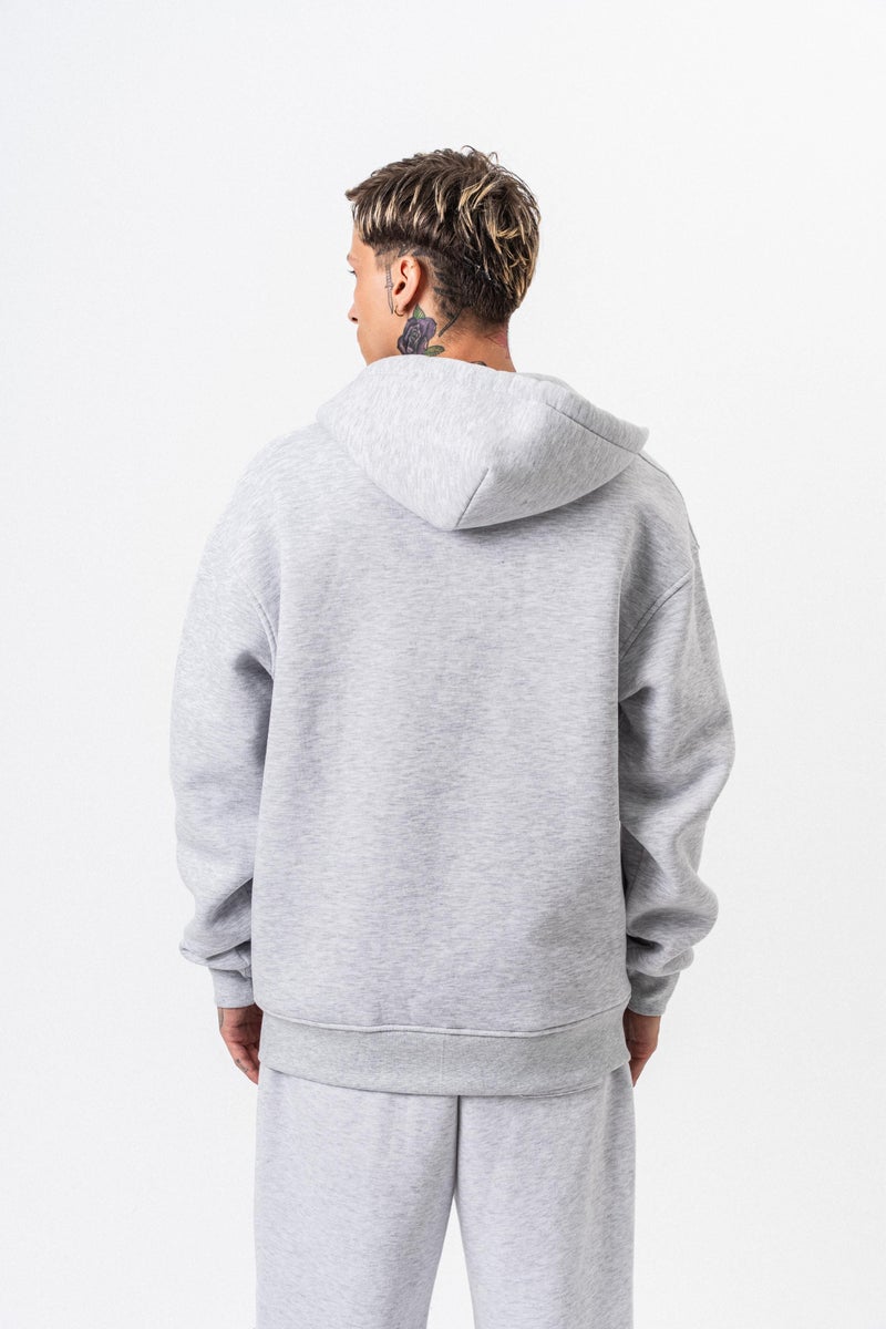 ريسباير هودي رجالي أساسي واسع (Oversize) بسحاب (Zip) بغطاء رأس بتفاصيل نص "Respire" لون رمادي ثلجي (Kar Melanj) - Image 3